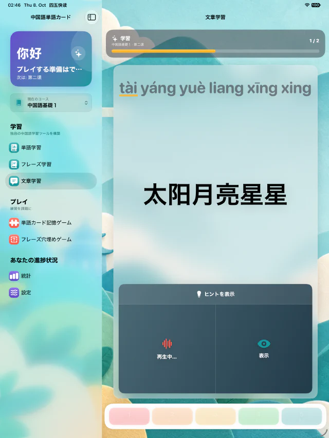 中国語単語カードの文法学習画面