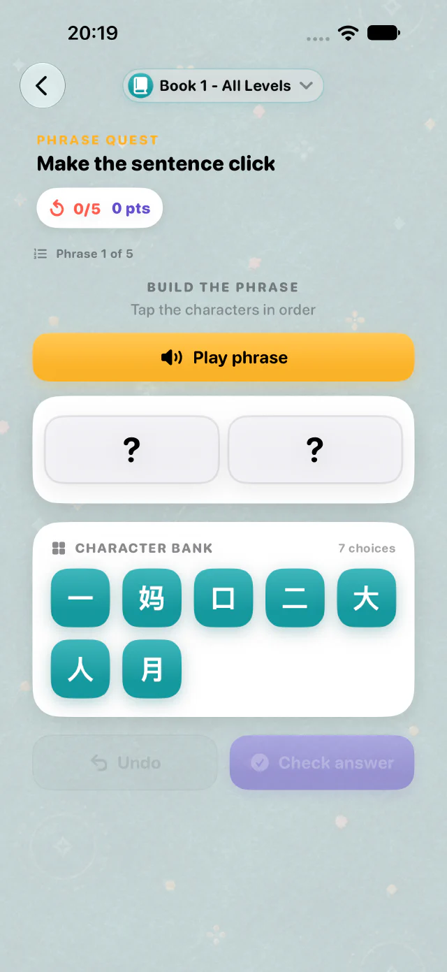 "Chinese Word Cards" frazių žaidimo ekranas