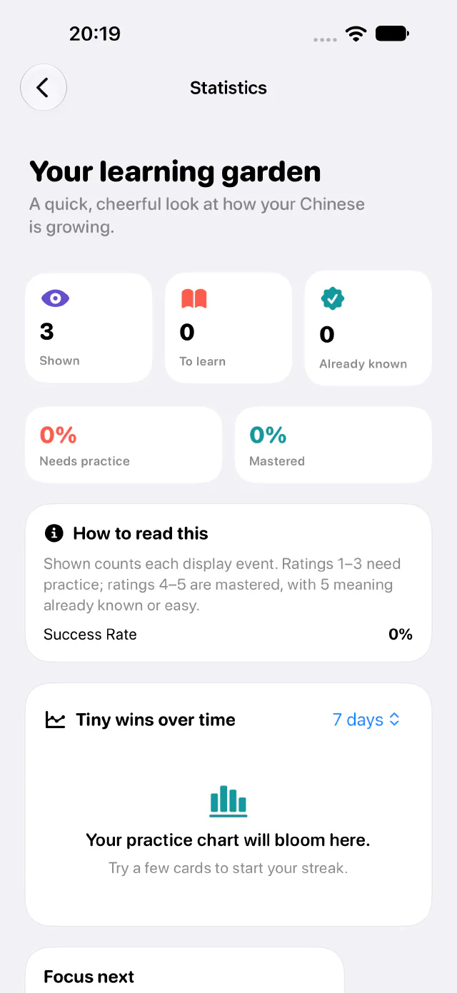 "Chinese Word Cards" statistikos ekranas